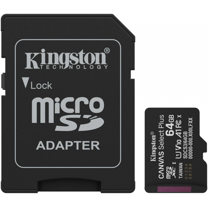 Карта памяти 64Gb MicroSD KINGSTON CANVAS SELECT PLUS + SD адаптер () SDCS3/64GB